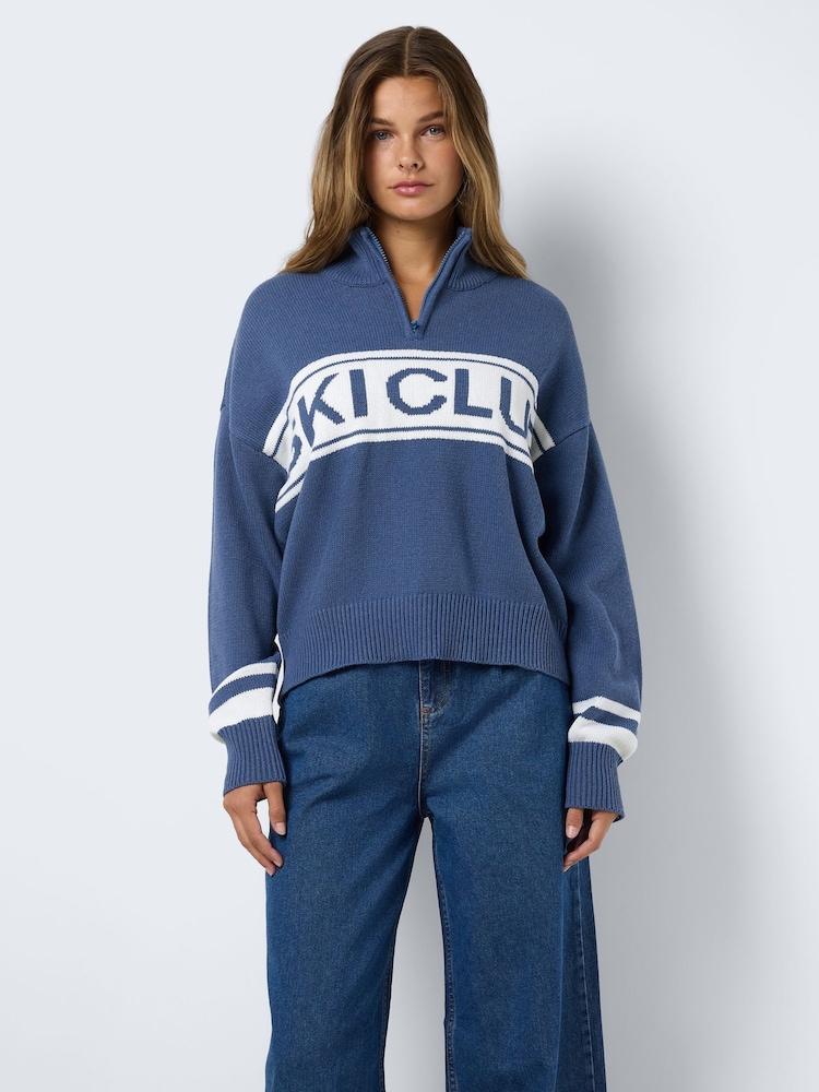 NOISY MAY Blue Long Sleeve High Neck Half Zip Ski Club Knitted Jumper - Image 1 of 5
