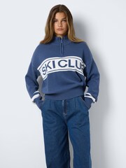NOISY MAY Blue Long Sleeve High Neck Half Zip Ski Club Knitted Jumper - Image 3 of 5