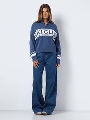 NOISY MAY Blue Long Sleeve High Neck Half Zip Ski Club Knitted Jumper - Image 4 of 5