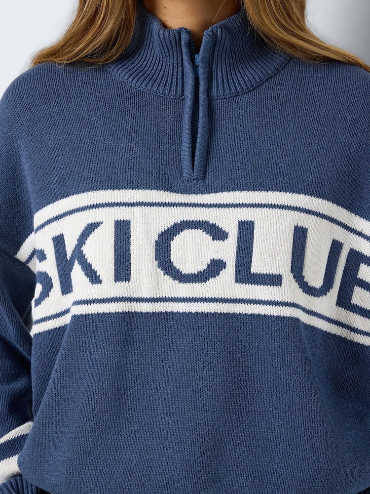 NOISY MAY Blue Long Sleeve High Neck Half Zip Ski Club Knitted Jumper - Image 5 of 5