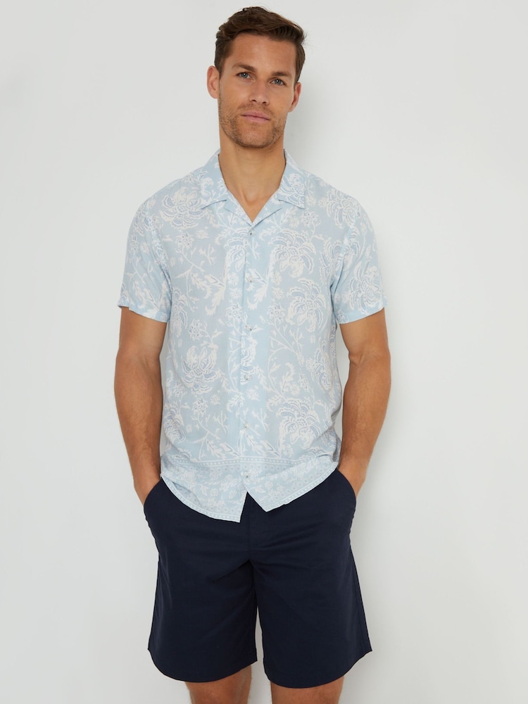 Threadbare Blue Floral Print Revere Collar Short Sleeve Shirt - Image 1 of 4