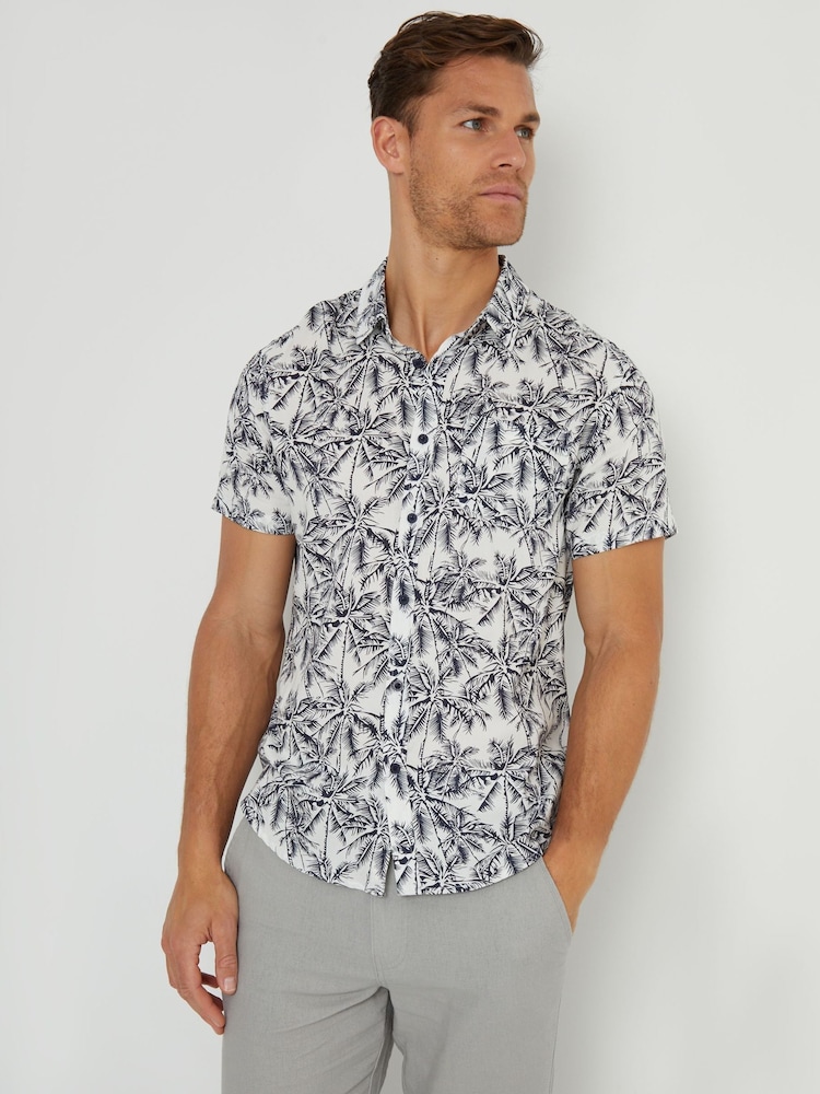 Threadbare Brown/White Tropical Print Revere Collar Short Sleeve Shirt - Image 1 of 4