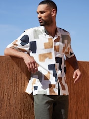 Threadbare White Block Print Revere Collar Short Sleeve Shirt - Image 1 of 4