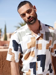 Threadbare White Block Print Revere Collar Short Sleeve Shirt - Image 4 of 4