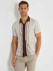 Threadbare Brown Stripe Geo Print Revere Collar Short Sleeve Shirt - Image 1 of 4