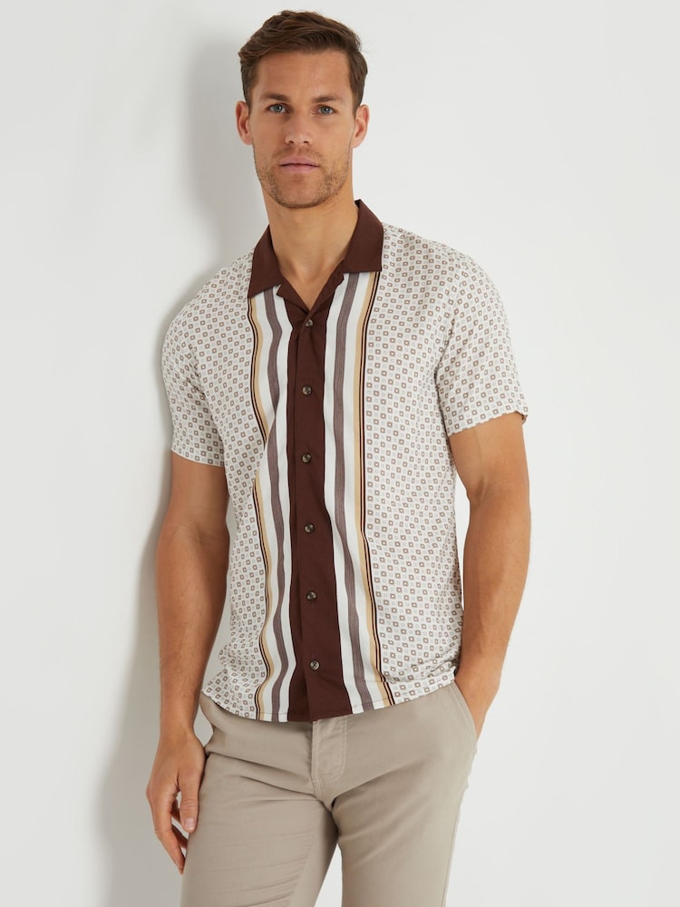 Threadbare Brown Stripe Geo Print Revere Collar Short Sleeve Shirt - Image 1 of 4