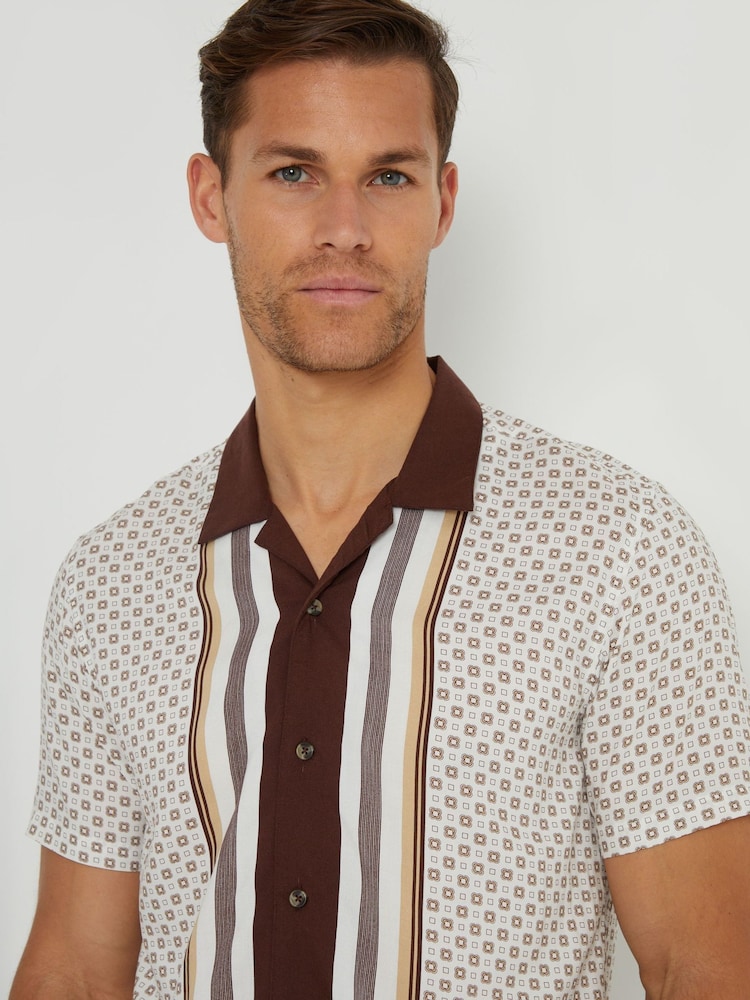 Threadbare Brown Stripe Geo Print Revere Collar Short Sleeve Shirt - Image 4 of 4