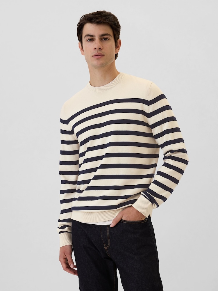 Gap Cream & Navy Blue Stripe Cotton Knit Crew Neck Jumper - Image 1 of 4 Gap Cream & Navy Blue Stripe Cotton Knit Crew Neck Jumper - Image 1 of 4