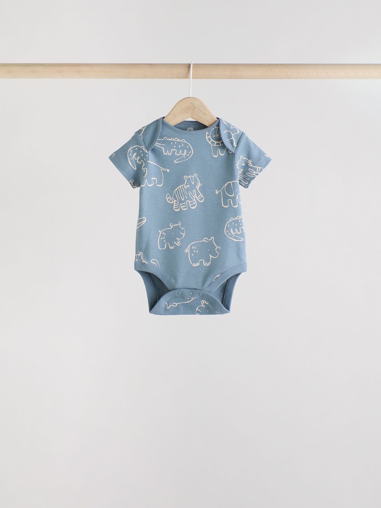 Navy/ Tan Brown Safari 100% Cotton Short Sleeve Baby Bodysuits 5 Pack - Image 4 of 13