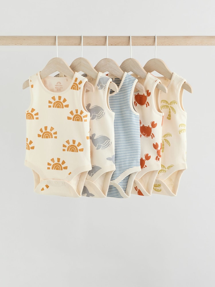 Cream/ Blue/ Orange Sea Character 100% Cotton Baby Vest Bodysuits 5 Pack - Image 1 of 13