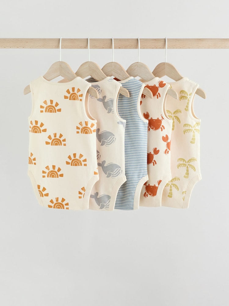 Cream/ Blue/ Orange Sea Character 100% Cotton Baby Vest Bodysuits 5 Pack - Image 2 of 13