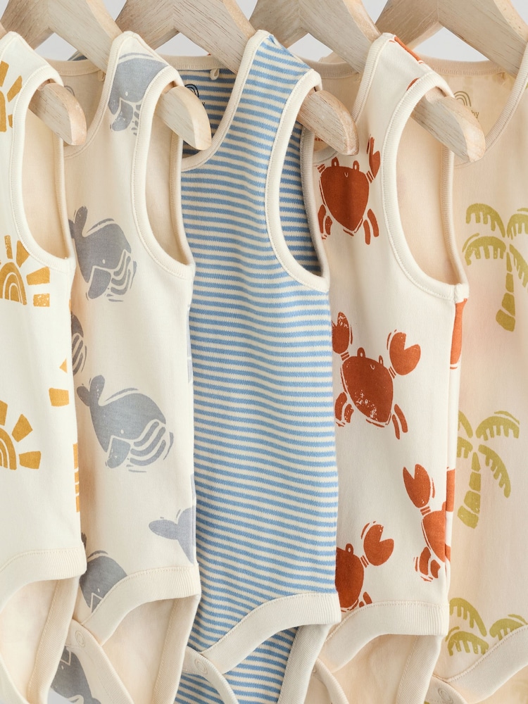 Cream/ Blue/ Orange Sea Character 100% Cotton Baby Vest Bodysuits 5 Pack - Image 9 of 13