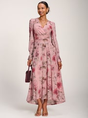 Jolie Moi Pink Long Sleeve V-Neck Mesh Maxi Dress - Image 4 of 6