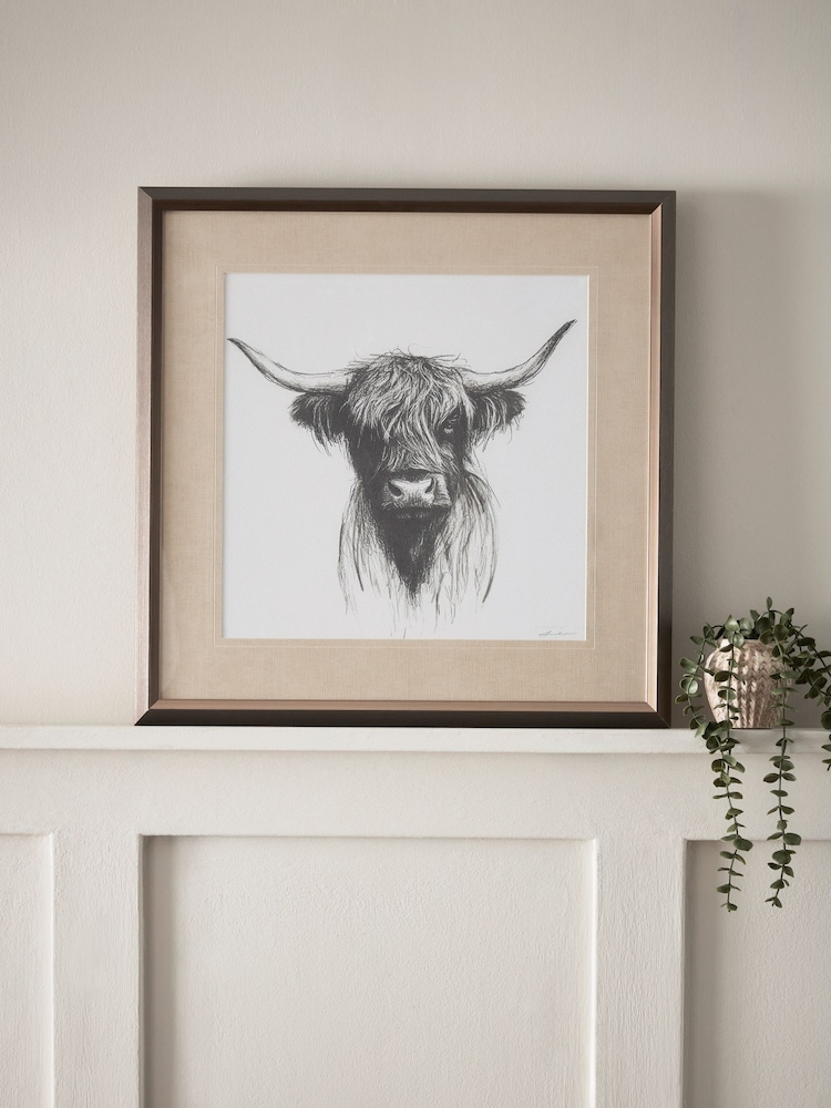 Monochrome Hamish The Highland Cow Sketch Style Wall Art - Image 1 of 6