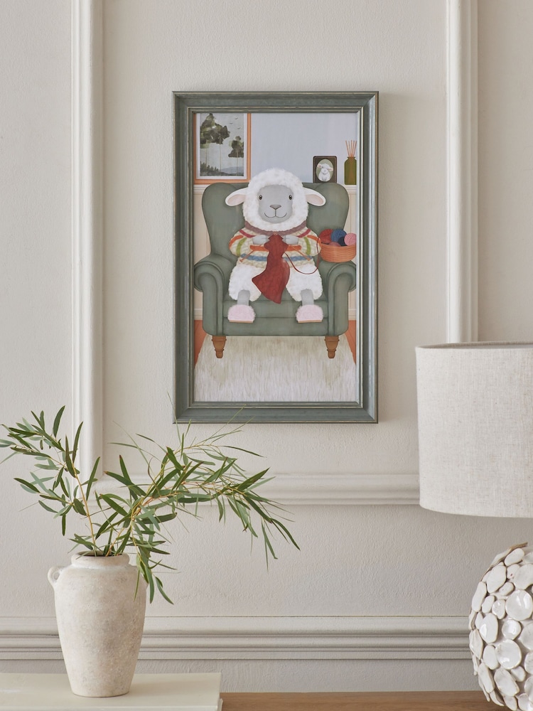 Green Sandra The Sheep Knitting Framed Wall Art - Image 1 of 5