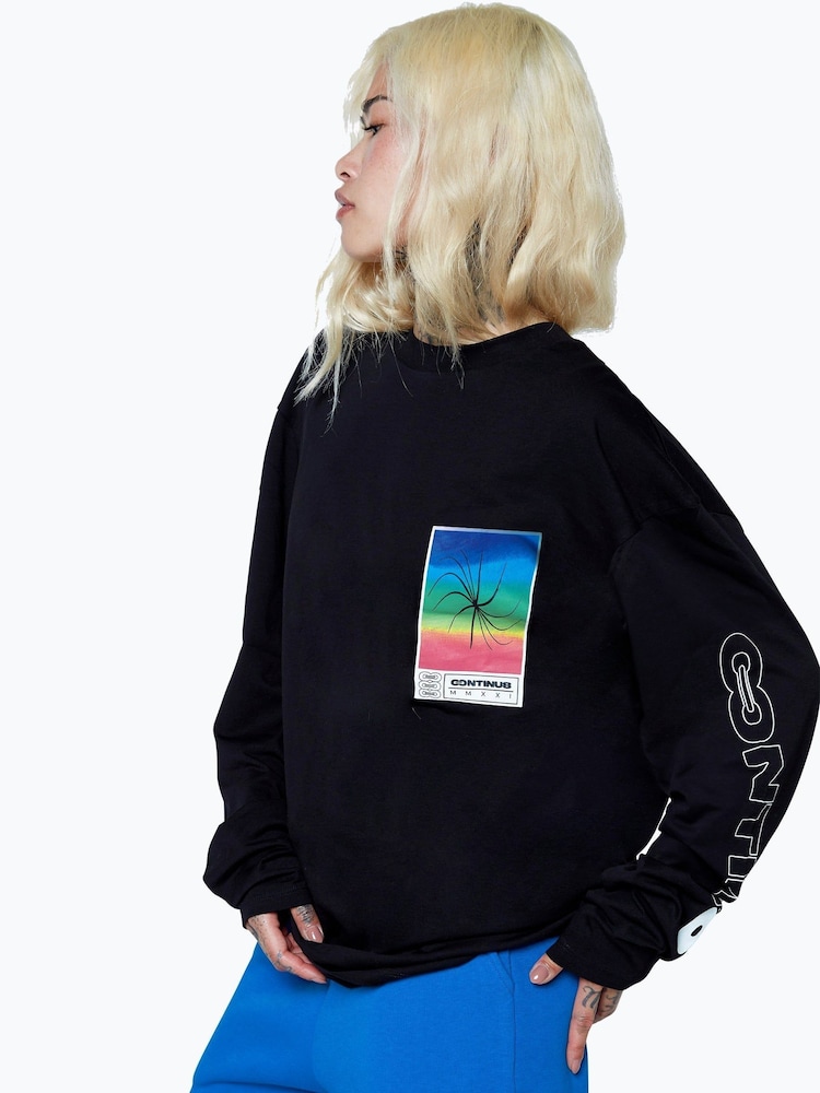 Hype. CONTINU8 Unisex Square Spectrum Boxy Long Sleeve Black T-Shirt - Image 1 of 4