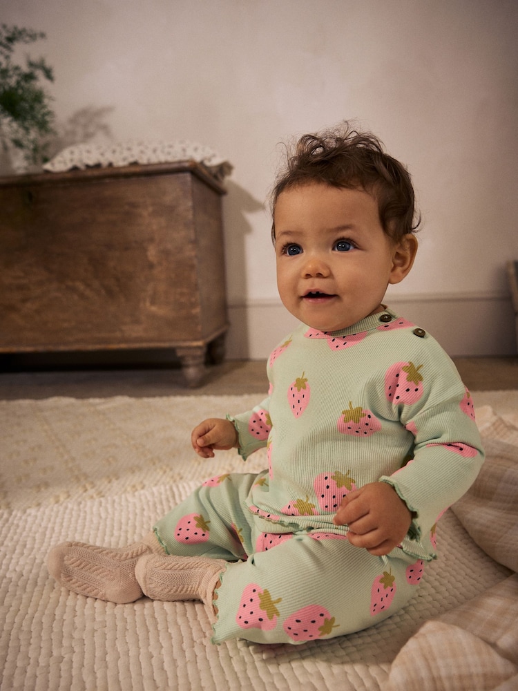 Green/ Pink Strawberry Print Baby Top and Wide Leg Trousers 2 Piece Set (0mths-2yrs) - Image 3 of 10