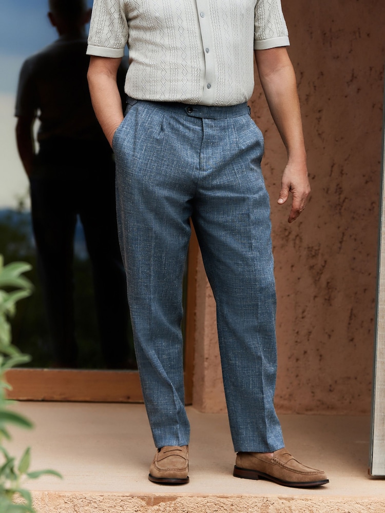 Blue Slim Fit Nova Fides Italian Linen Blend Fabric Suit Trousers - Image 1 of 13