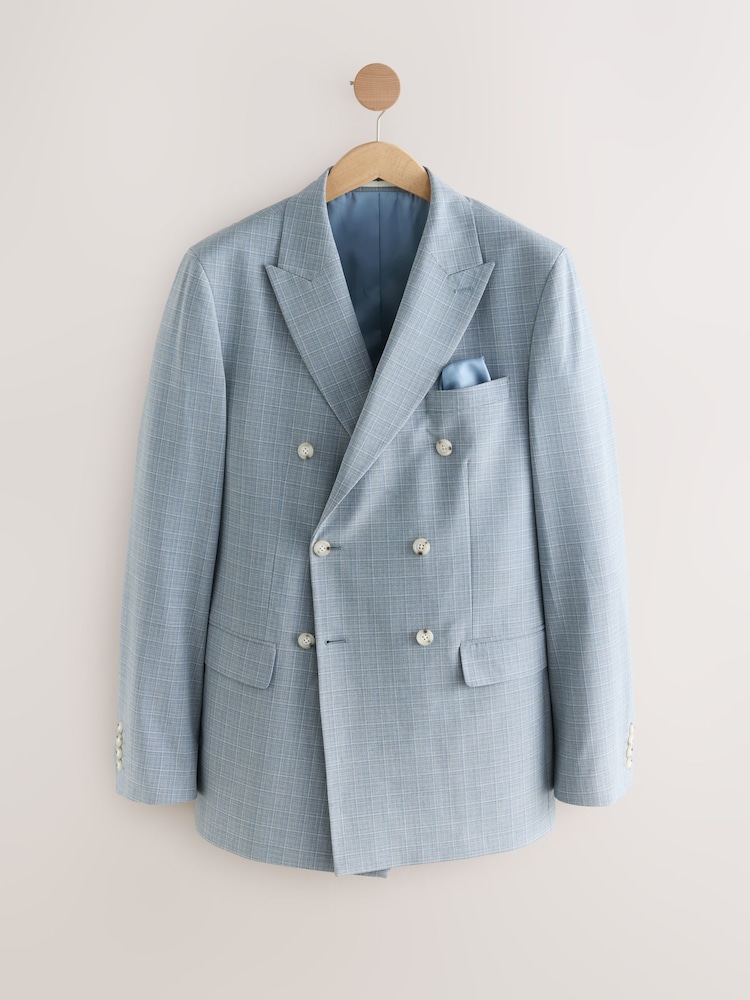 Light Blue Double Breasted Check Suit Jacket - Image 6 of 10