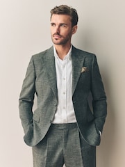 Green Slim Fit Nova Fides Italian Linen Blend Fabric Suit Jacket - Image 4 of 11