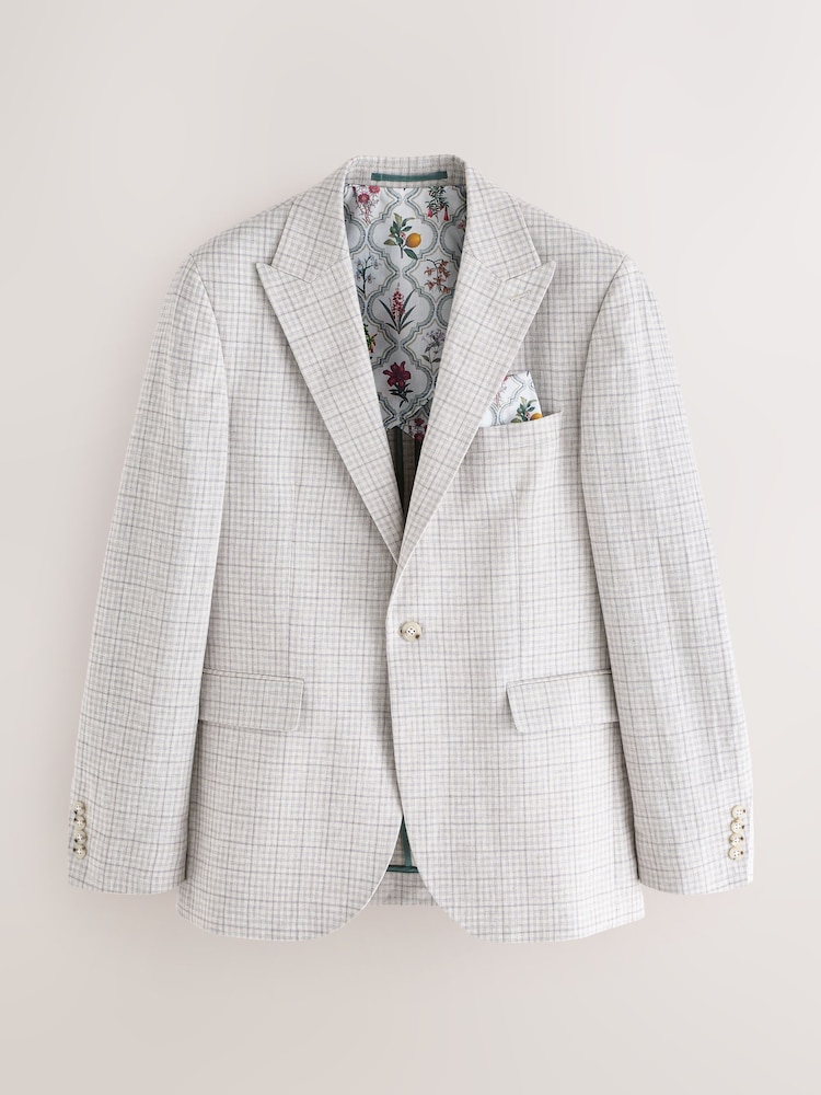 Grey Linen Blend Check Tailored Suit Jacket - Image 1 of 5