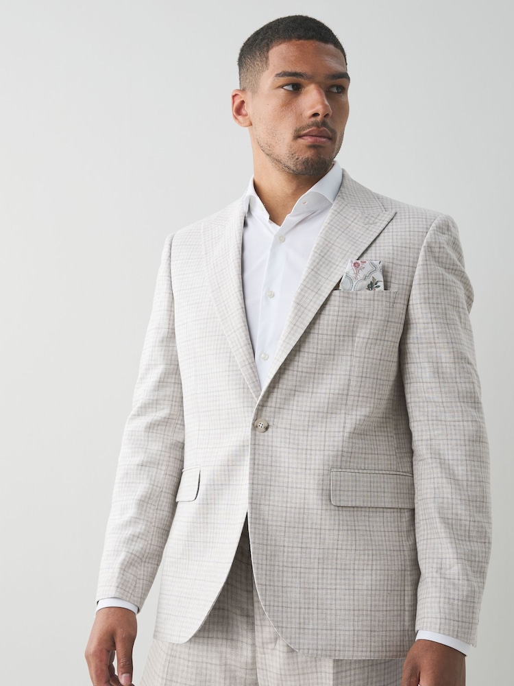 Grey Linen Blend Check Tailored Suit Jacket - Image 1 of 9 Grey Linen Blend Check Tailored Suit Jacket - Image 1 of 9