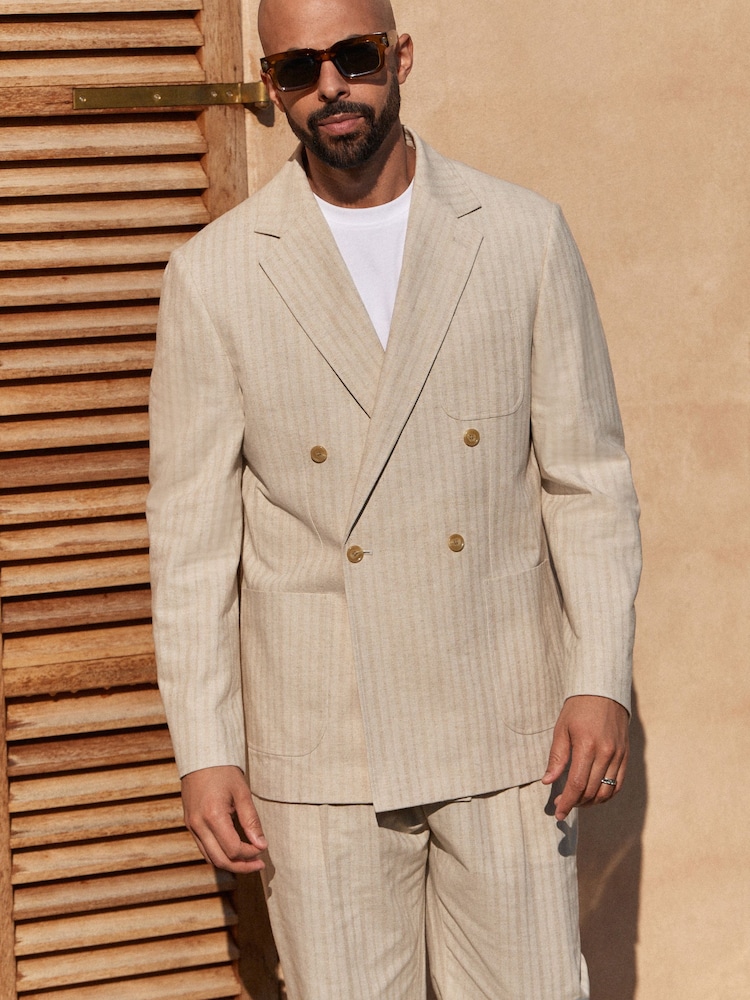 Нейтральный - Relaxed Fit Textured Stripe Double Breasted Suit Jacket - Изображение 1 из 11