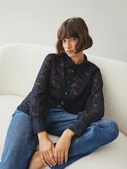 VILA Black Floral Textured Burnout Sheer Button Up Shirt - Image 1 of 3