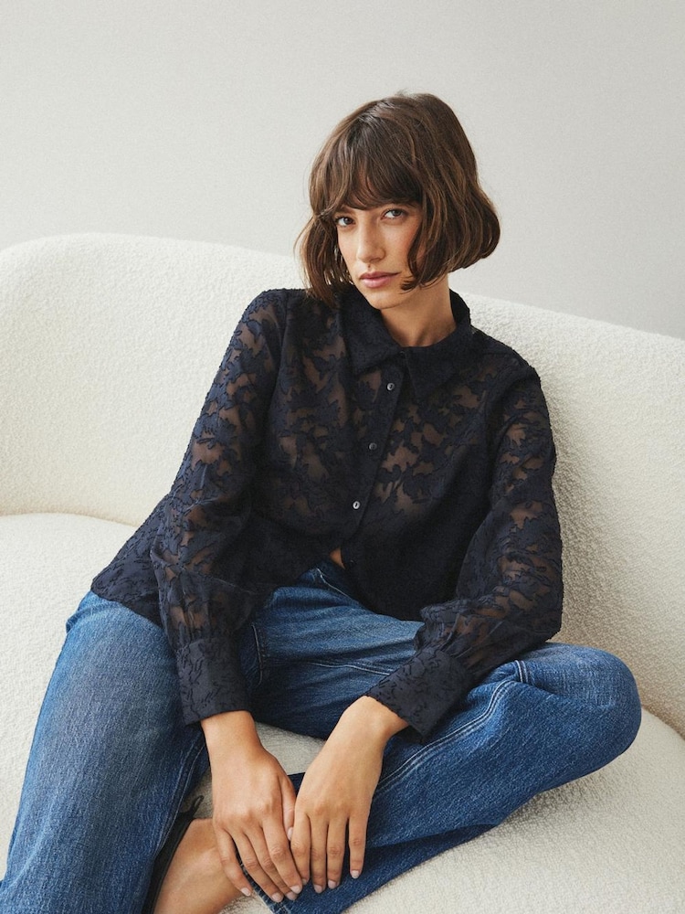 VILA Black Floral Textured Burnout Sheer Button Up Shirt - Image 1 of 3