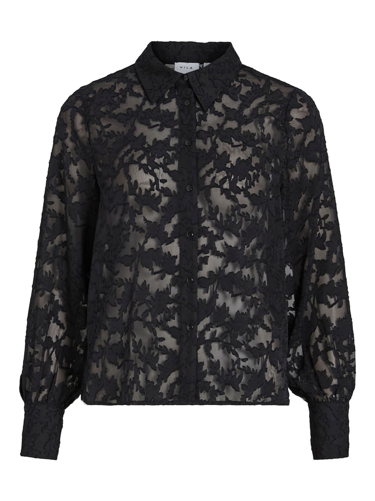 VILA Black Floral Textured Burnout Sheer Button Up Shirt - Image 2 of 3