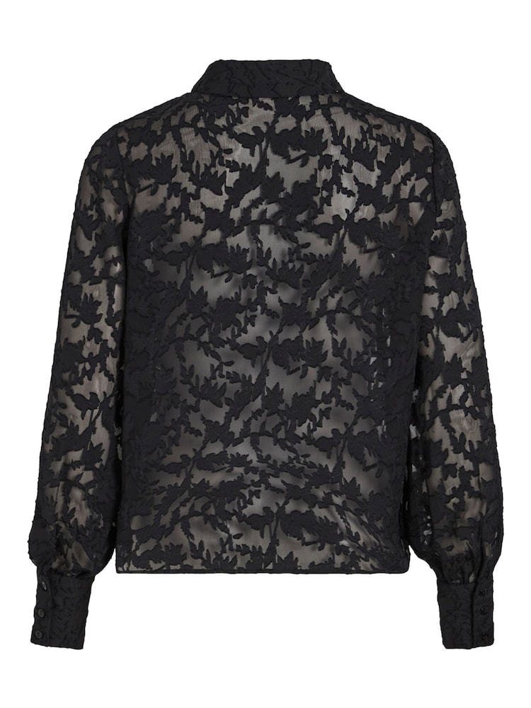 VILA Black Floral Textured Burnout Sheer Button Up Shirt - Image 3 of 3