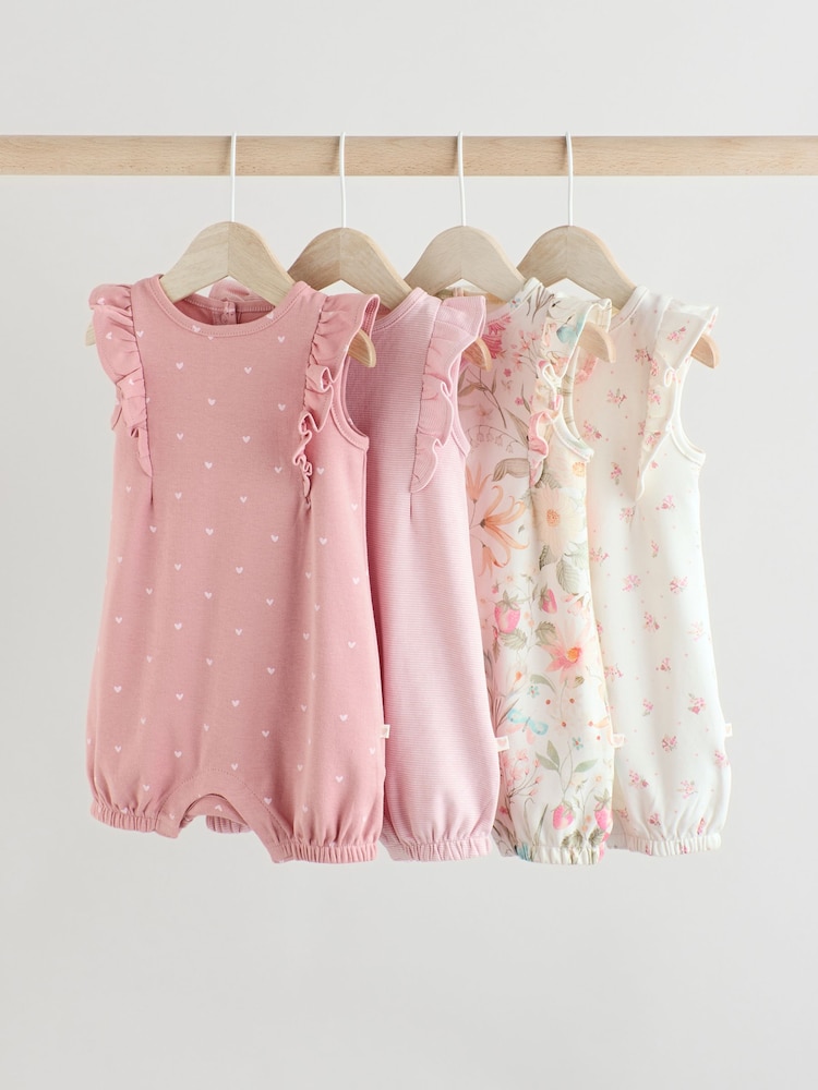 Ecru/Pink Printed Baby Rompers 4 Pack - Image 1 of 12