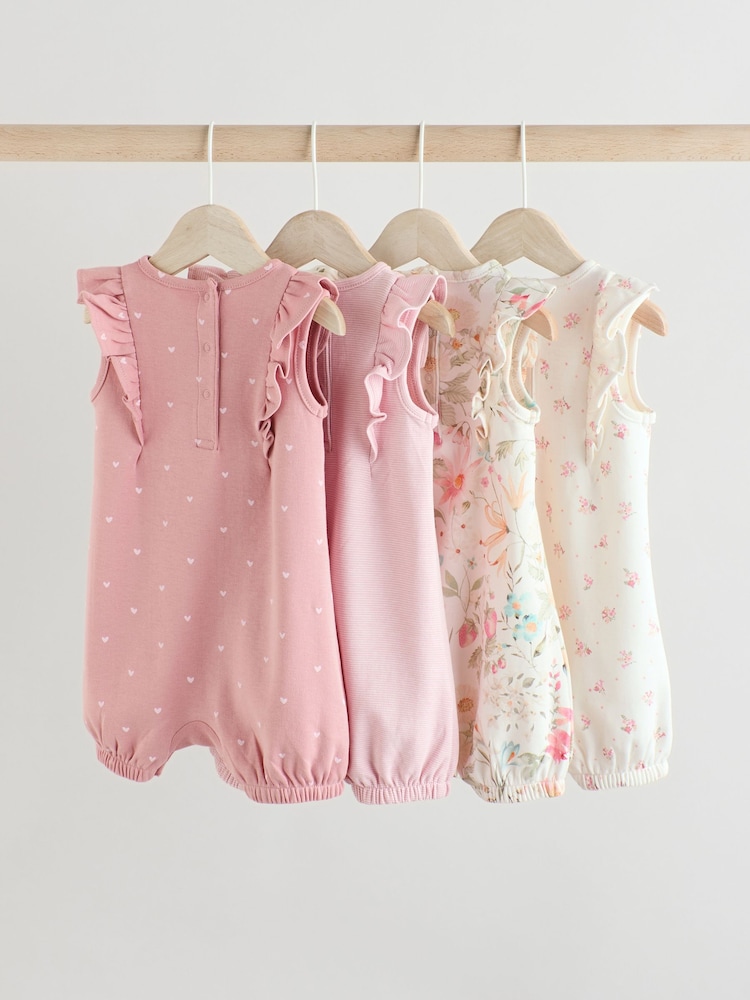 Ecru/Pink Printed Baby Rompers 4 Pack - Image 2 of 12