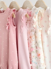 Ecru/Pink Printed Baby Rompers 4 Pack - Image 8 of 12