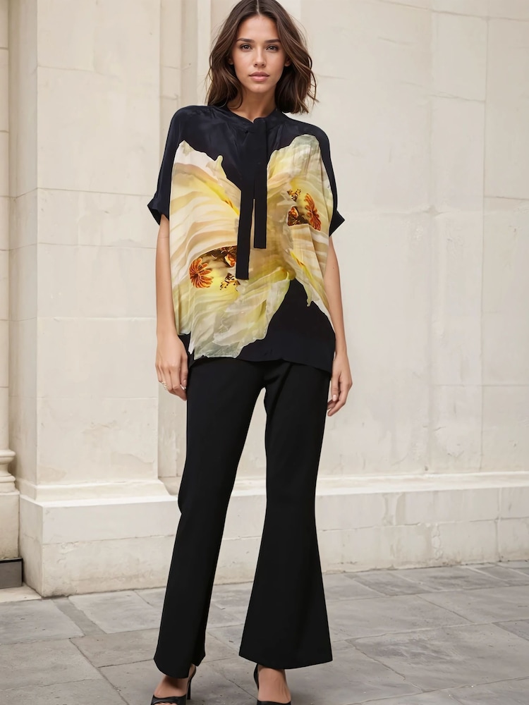 Religion Yellow Oversized Hidden Blouse With Large Floral Placement Print - Image 1 of 6