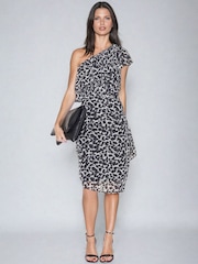 Religion Black One Shoulder Flash Midi Mini Dress in Leopard Print - Image 1 of 6