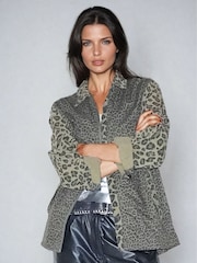 Religion Green 100% Cotton Energy Shirt Jacket in Mixed Leopard Spot Print With Zip Closure - Image 1 of 9