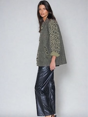 Religion Green 100% Cotton Energy Shirt Jacket in Mixed Leopard Spot Print With Zip Closure - Image 6 of 9