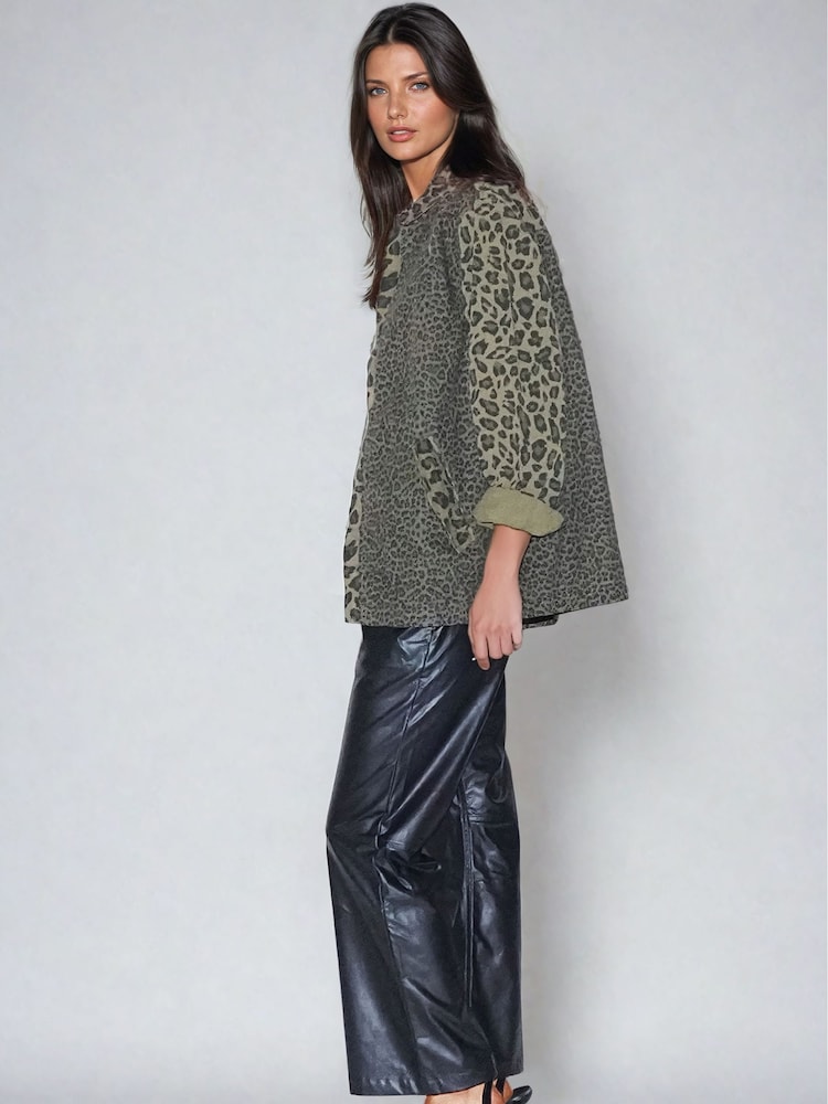 Religion Green 100% Cotton Energy Shirt Jacket in Mixed Leopard Spot Print With Zip Closure - Image 6 of 9