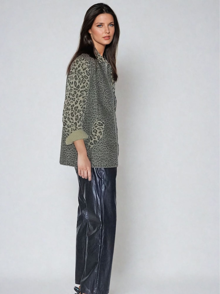 Religion Green 100% Cotton Energy Shirt Jacket in Mixed Leopard Spot Print With Zip Closure - Image 7 of 9