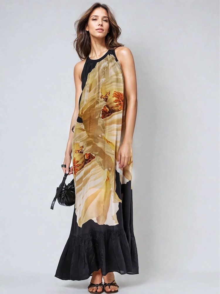 Geel - Religion Halterneck Maxi Dress With Large Floral Placement Print in Cupro - Image 3 of 7