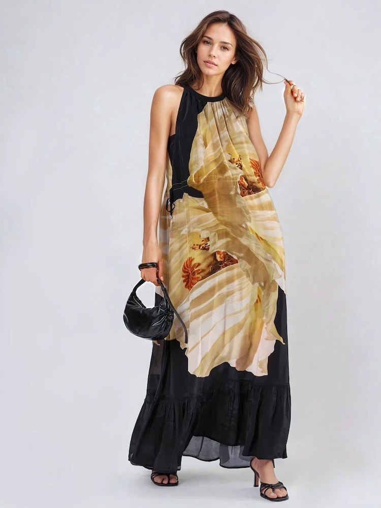 Geel - Religion Halterneck Maxi Dress With Large Floral Placement Print in Cupro - Image 6 of 7