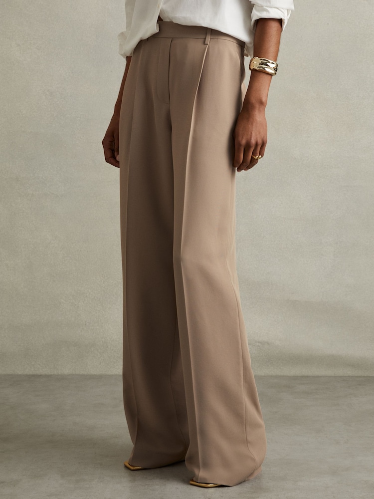 Reiss Mink Neutral Eden Petite Half-Elasticated Wide Leg Trousers - Image 1 of 7