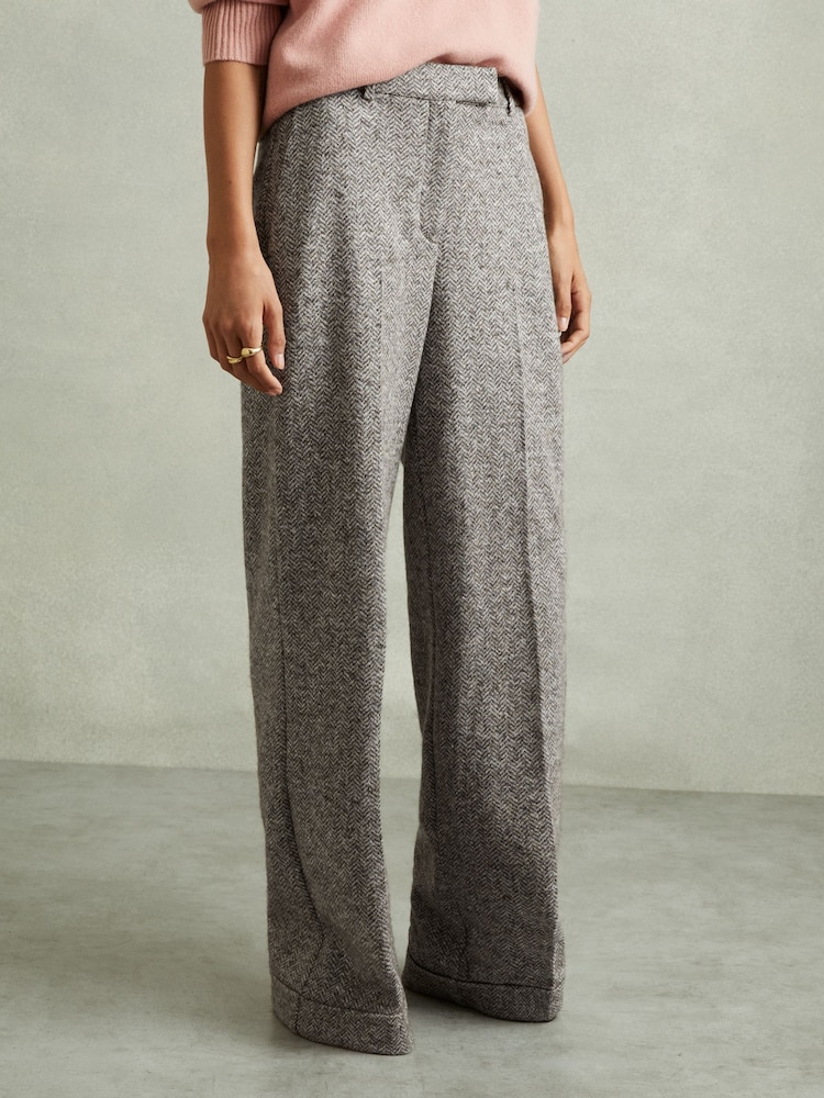 Reiss Grey Belle Petite Textured Wool Blend Wide Leg Suit Trousers - Image 1 of 7