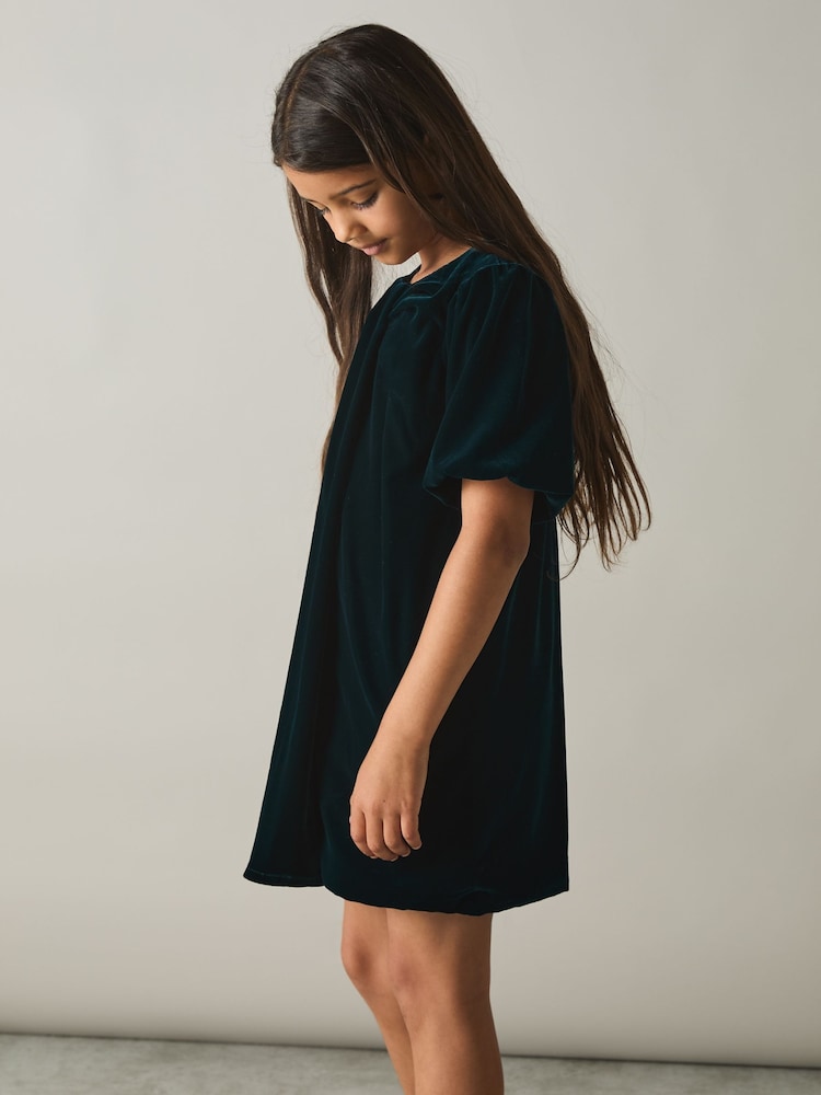 Reiss Teal Cece 9-13 yrs Gathered-Velvet Shift Dress - Image 1 of 4