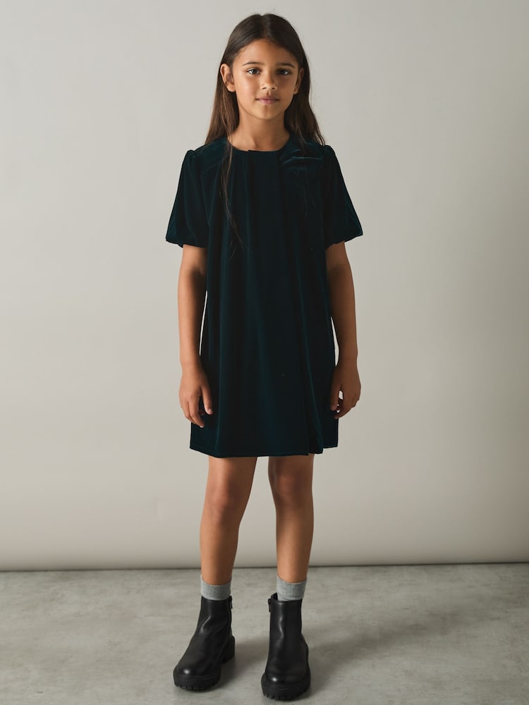Reiss Teal Cece 9-13 yrs Gathered-Velvet Shift Dress - Image 3 of 4