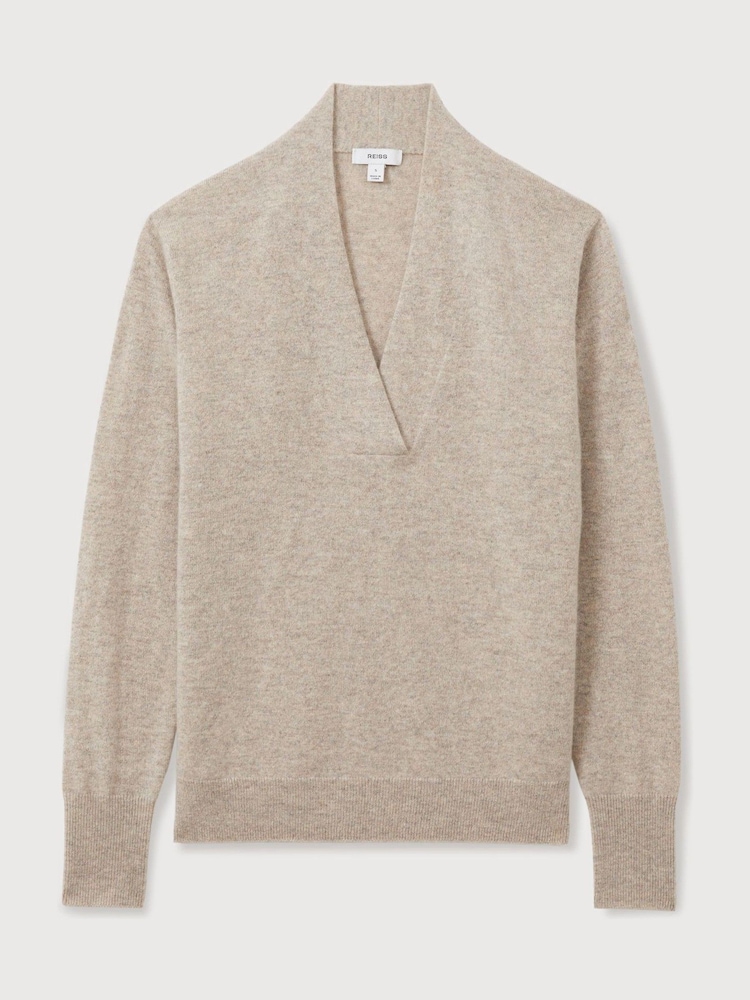 Reiss Oatmeal Mia 100% Cashmere V-Neck Jumper - Image 2 of 6 Reiss Oatmeal Mia 100% Cashmere V-Neck Jumper - Image 2 of 6
