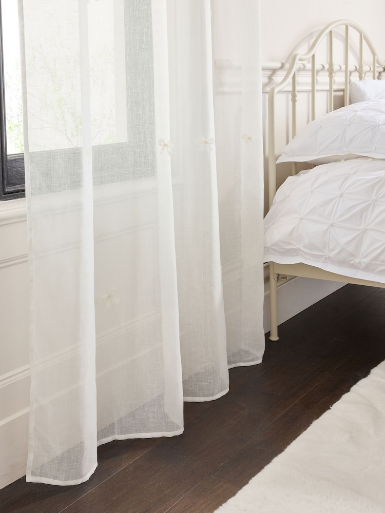 White Bow Appliqué Voile Eyelet Sheer Panel Unlined Curtains - Image 2 of 4