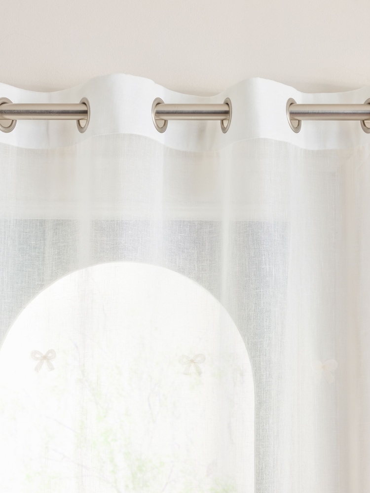 White Bow Appliqué Voile Eyelet Sheer Panel Unlined Curtains - Image 4 of 4