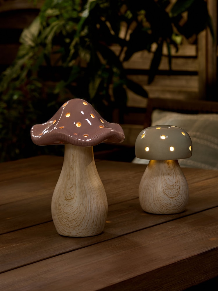 Set of 2 Sage Green Ceramic Mushrooms Outdoor Solar Light - Image 1 of 5